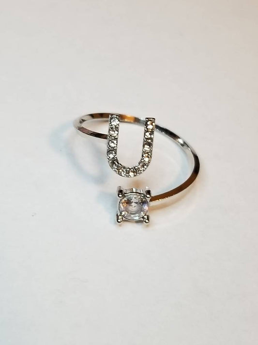 Silver U initial rhinestone adjustable ring