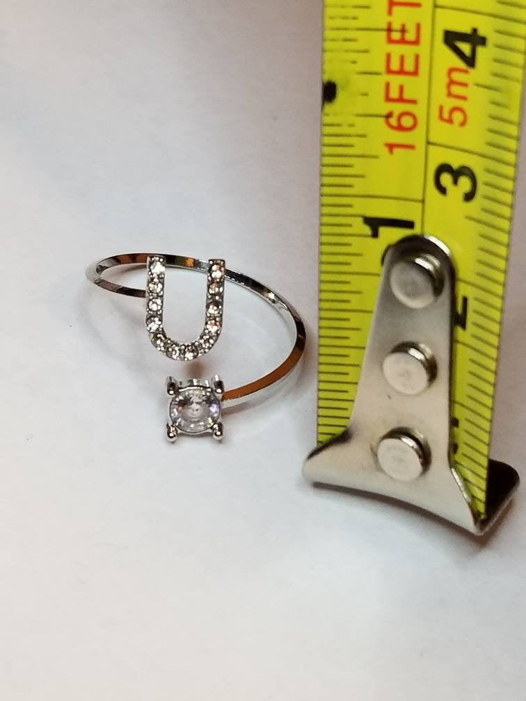 Silver U initial rhinestone adjustable ring
