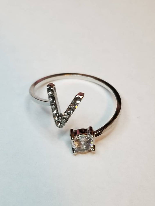 Silver V initial rhinestone adjustable ring