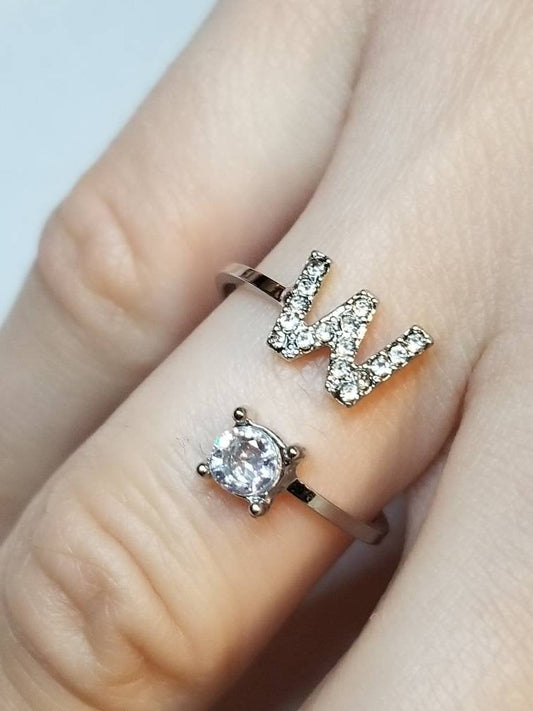 Silver W initial rhinestone adjustable ring