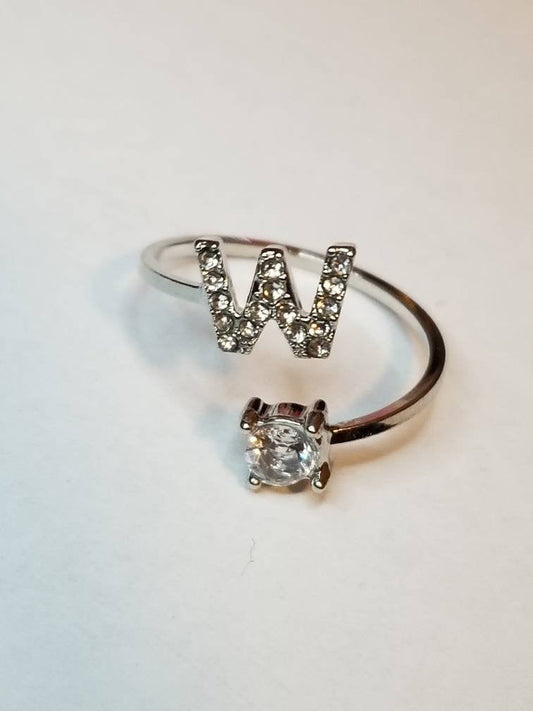 Silver W initial rhinestone adjustable ring