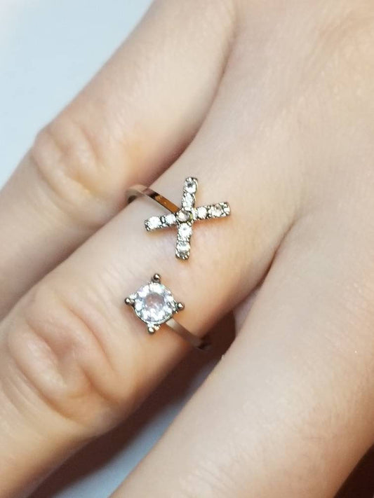 Silver X initial rhinestone adjustable ring