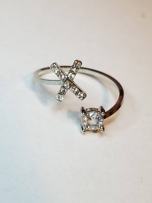 Silver X initial rhinestone adjustable ring