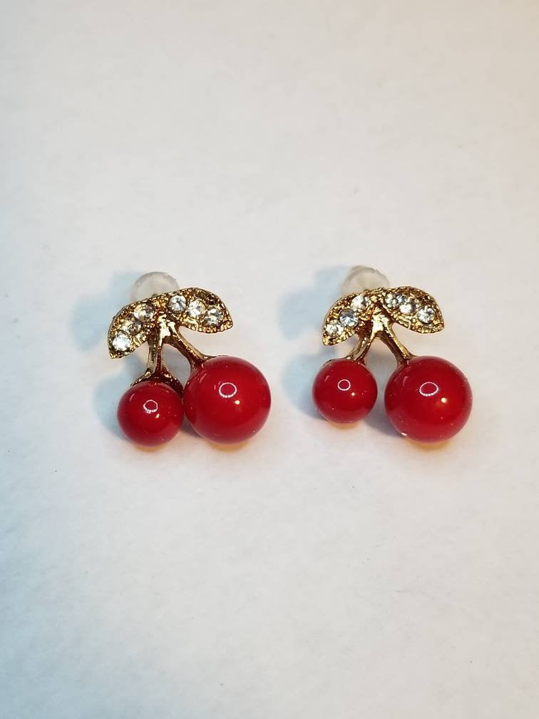 Red gold small cherry rhinestone post Stud earrings cherries