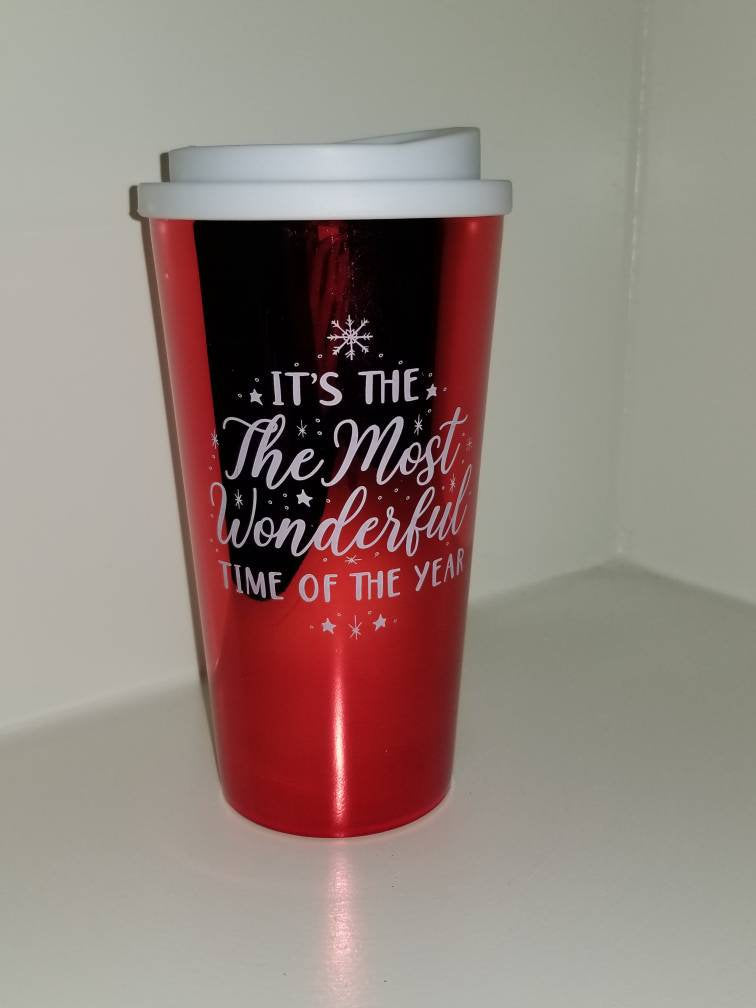 It's the Most Wonderful Time of the Year Christmas hard plastic cup with lid metallic red