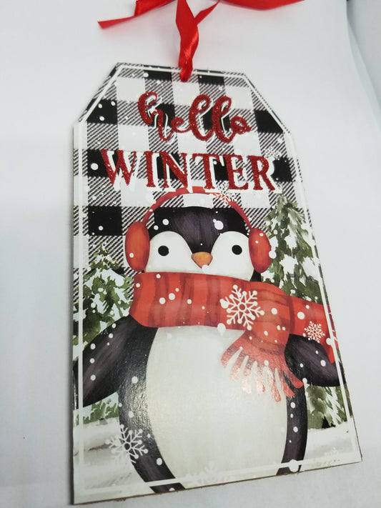 Hello winter penguin tag Christmas ornament