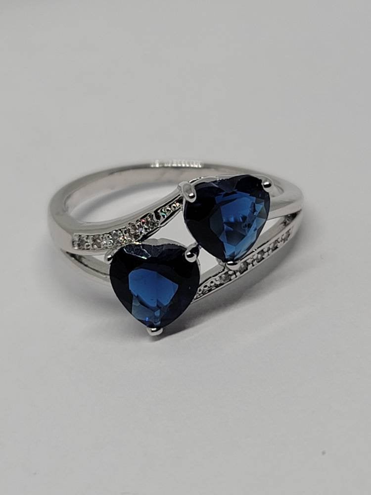 Sterling silver CZ blue hearts ring Size 8