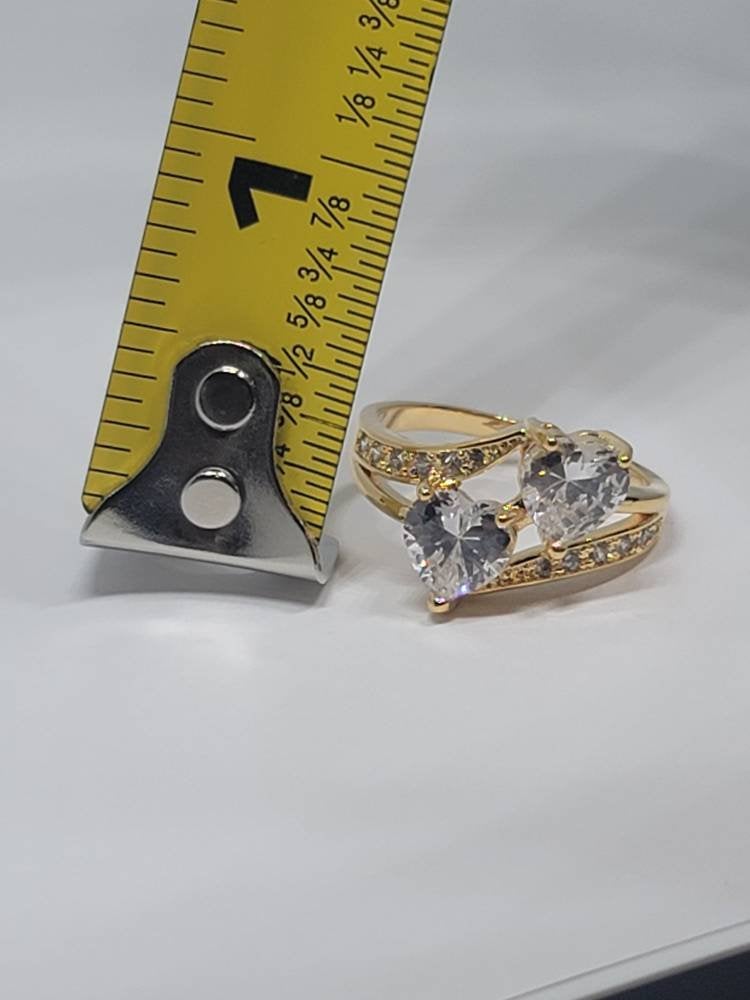 Gold CZ double hearts ring Size 8