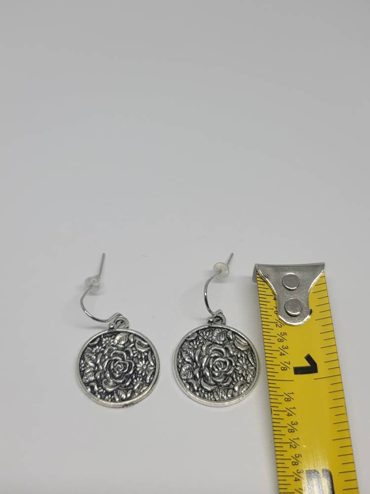 Silver rose round dangle hook earrings