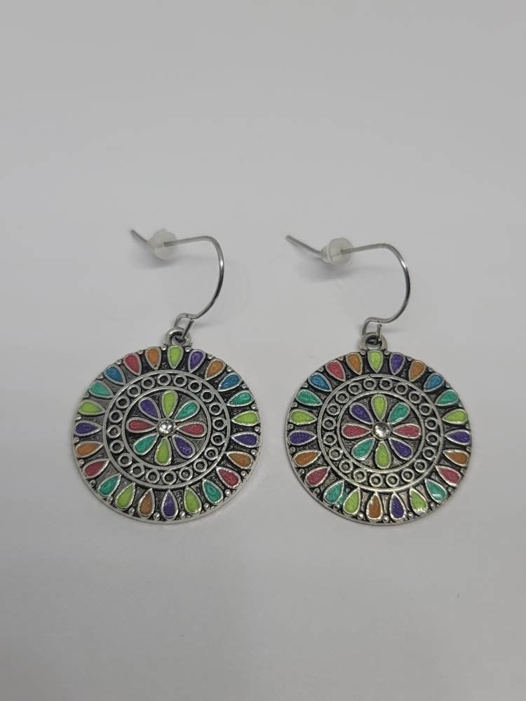 Silver round colorful dangle hook earrings