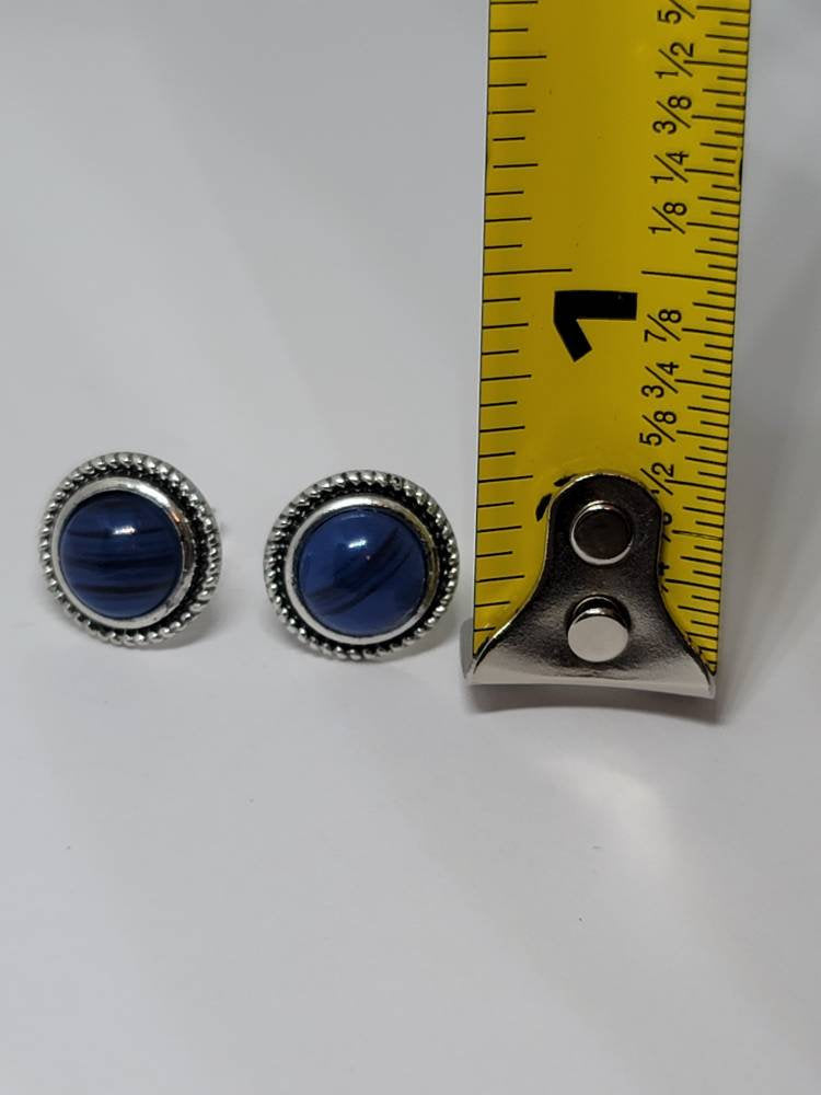 Silver blue post stud post round earrings