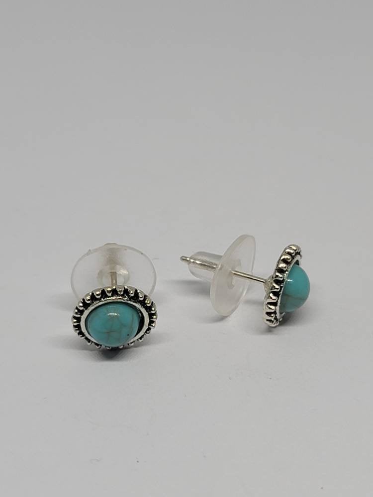 Silver turquoise stud post round earrings