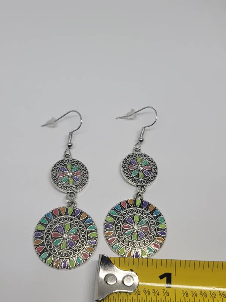 Silver round colorful dangle hook earrings