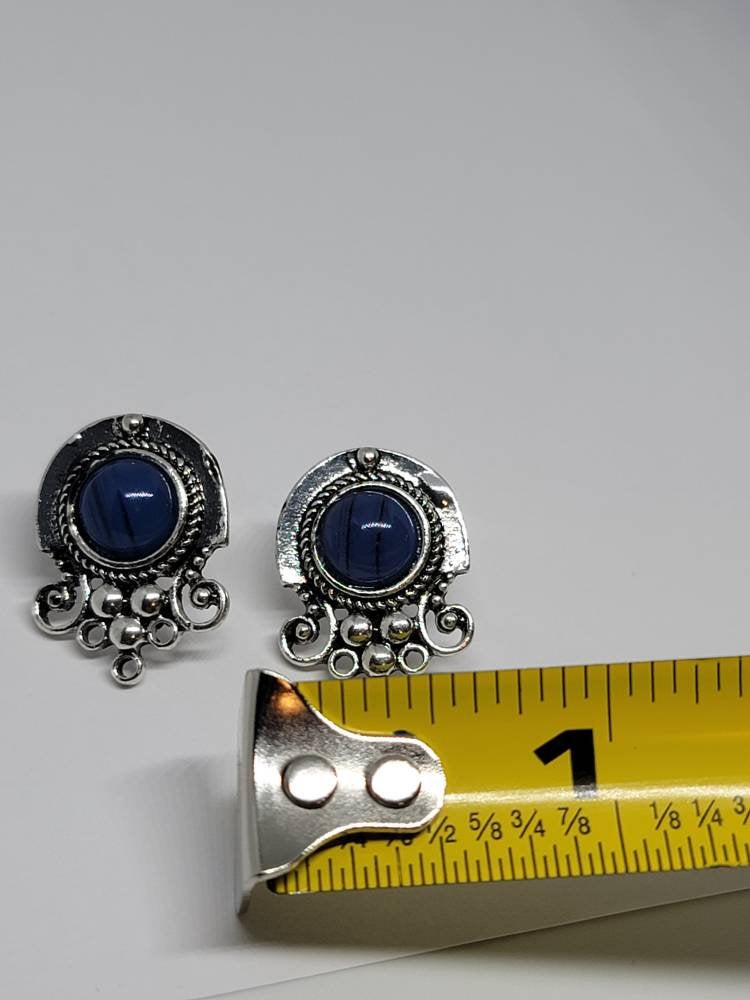 Silver blue post stud round earrings