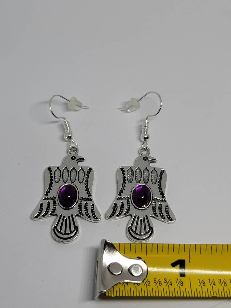 Silver purple eagle hook dangle earrings