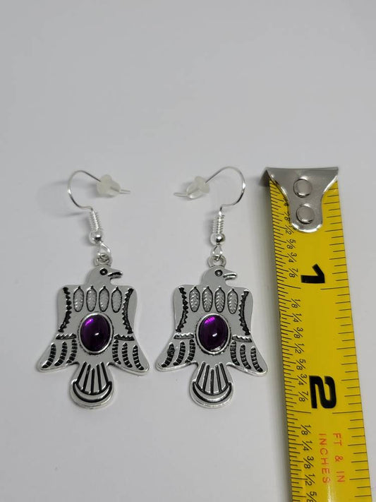 Silver purple eagle hook dangle earrings