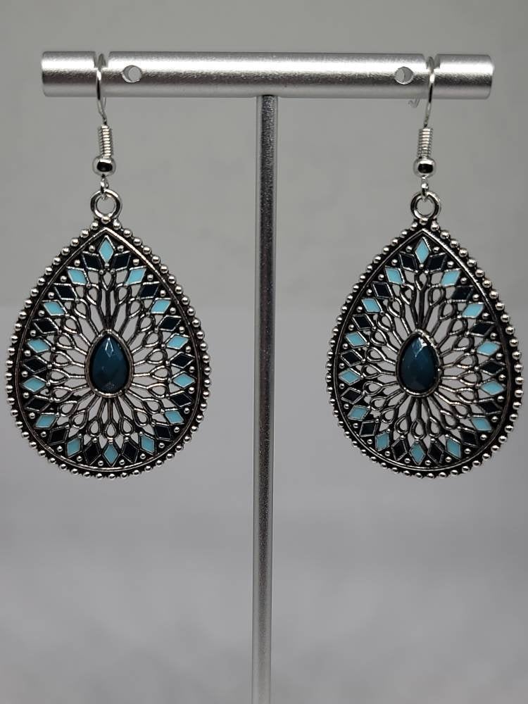 Silver blue teardrop earrings dangle hook