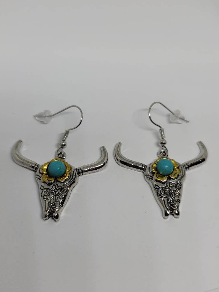 Silver longhorn dangle earrings hook turquoise Western