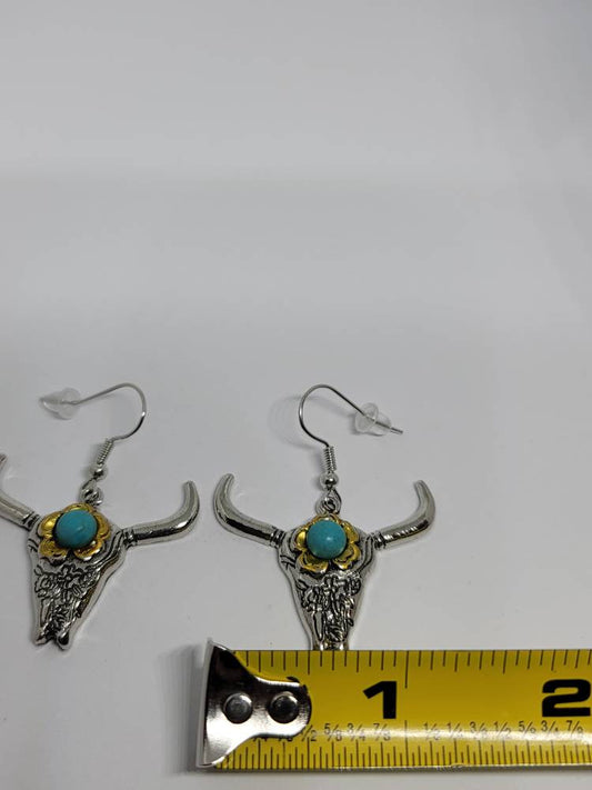 Silver longhorn dangle earrings hook turquoise Western