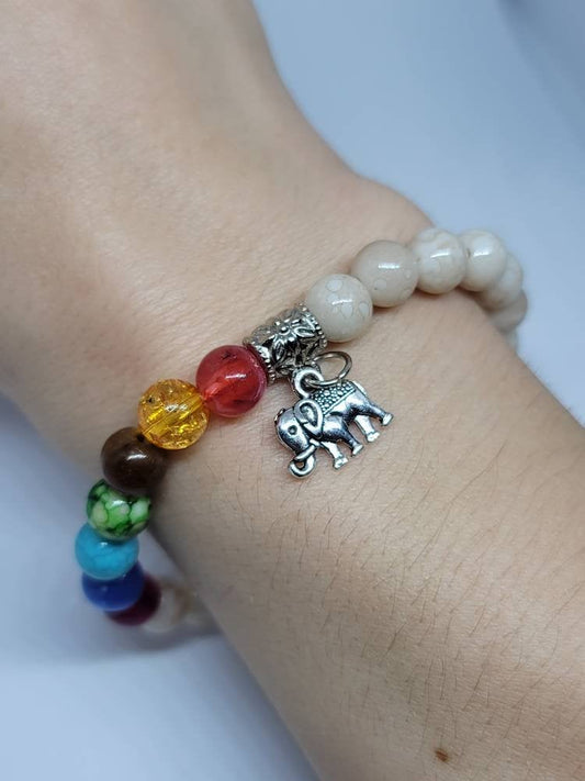Beaded stone silver Elephant bracelet multi colored
