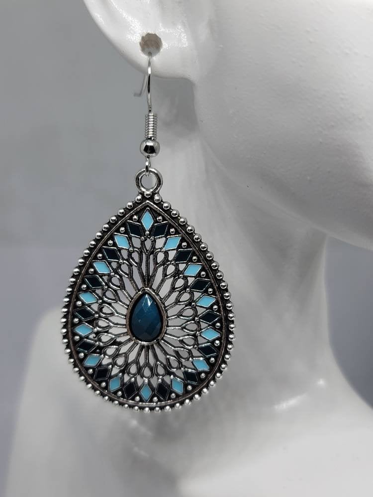 Silver blue teardrop earrings dangle hook