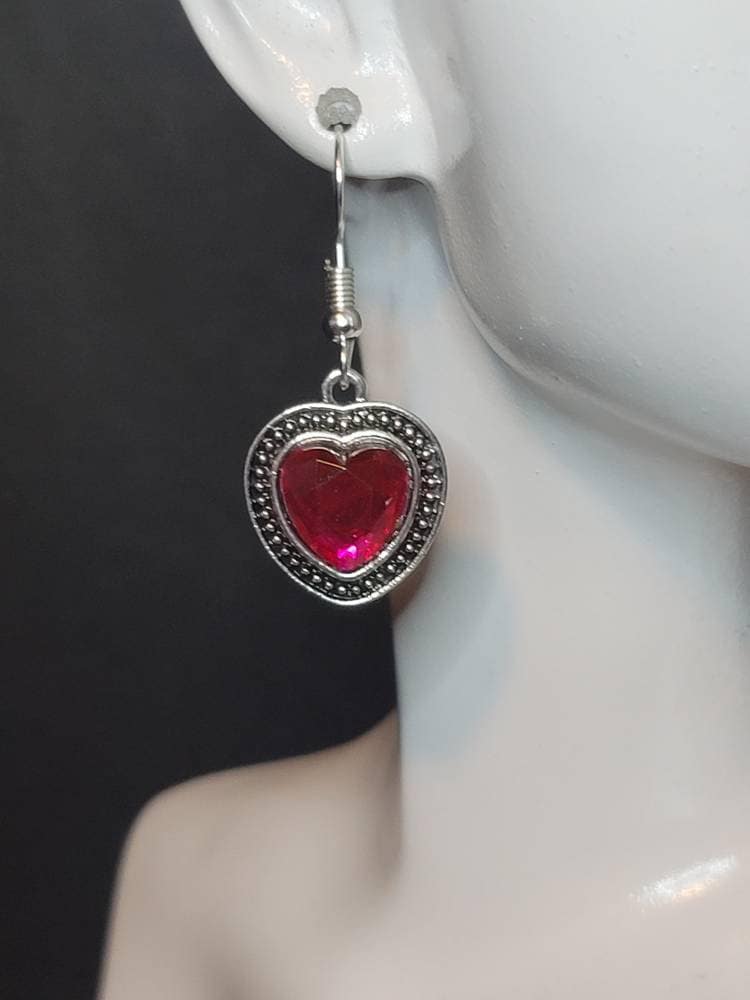 Silver heart pink dangle hook earrings
