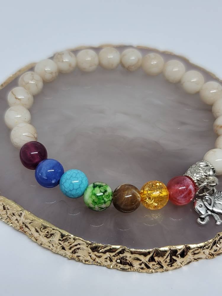 Beaded stone silver Elephant bracelet multi colored