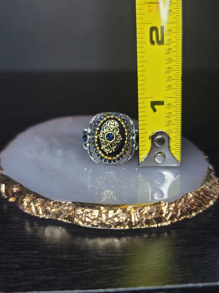 Silver gold blue rhinestone ring size 8 vintage look