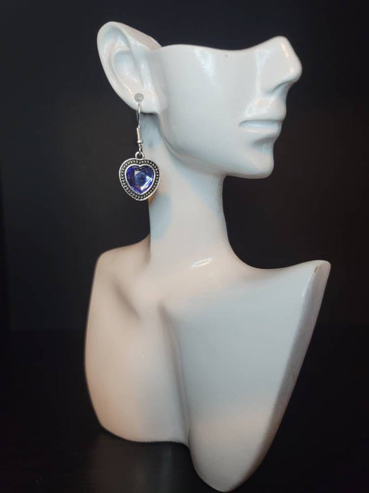 Silver heart purple dangle hook earrings