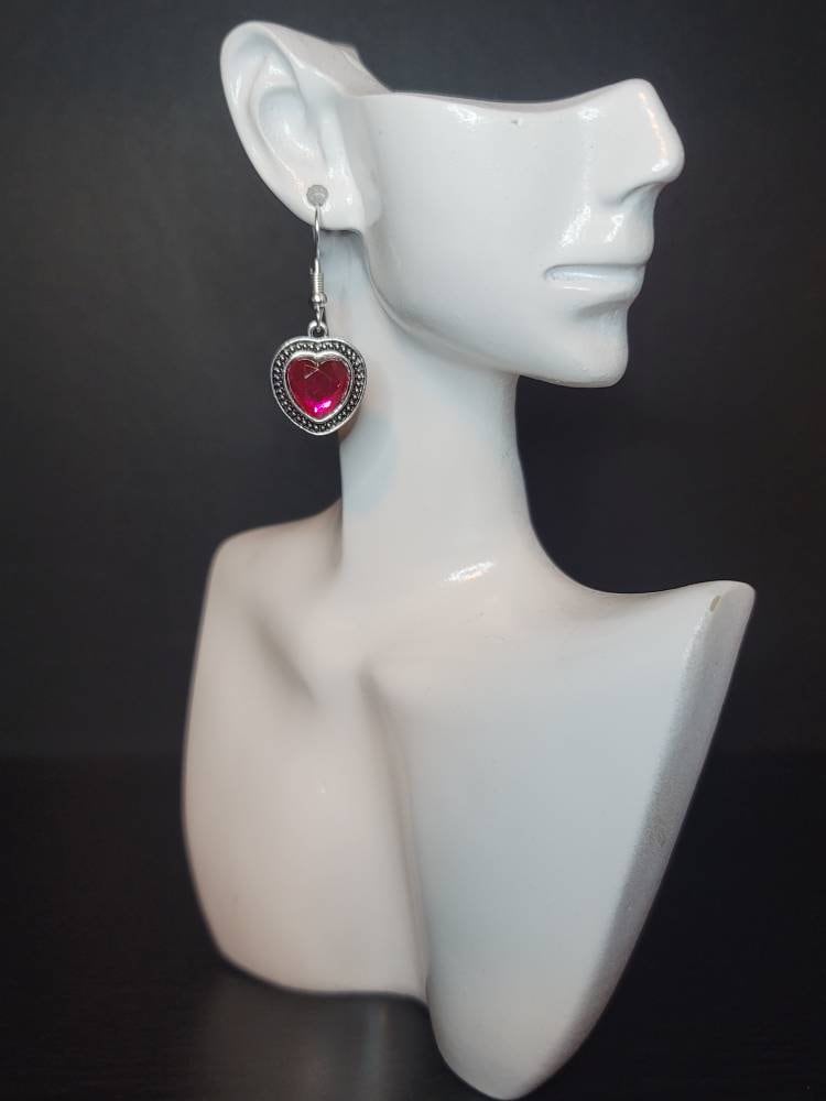 Silver heart pink dangle hook earrings