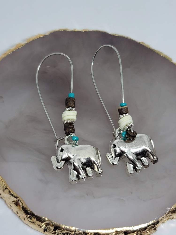 Silver elephant bead dangle earrings light weight