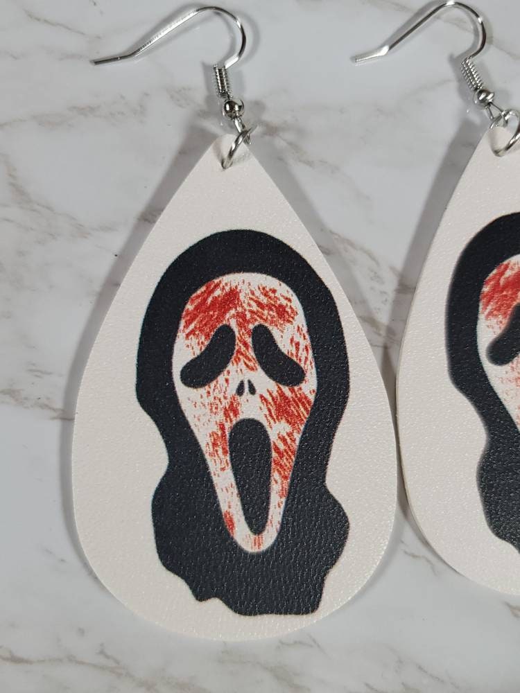 Scream ghost face leather dangle hook earrings
