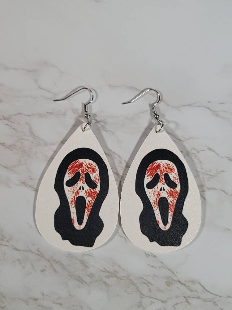 Scream ghost face leather dangle hook earrings