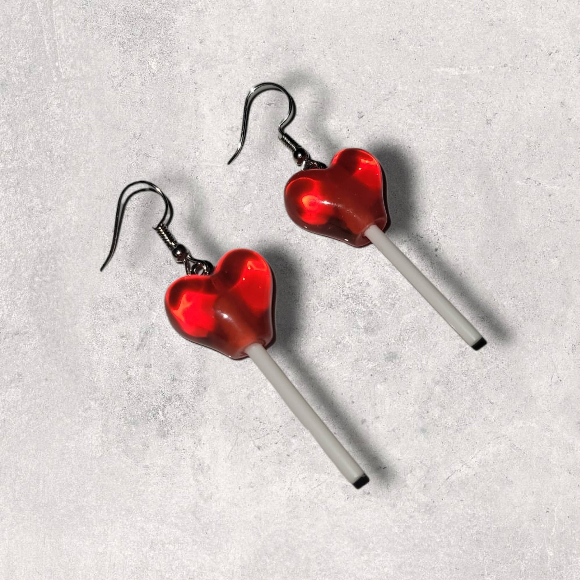 Small red heart lollipop earrings