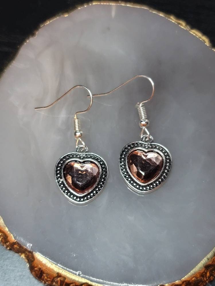 Silver heart dangle hook earrings