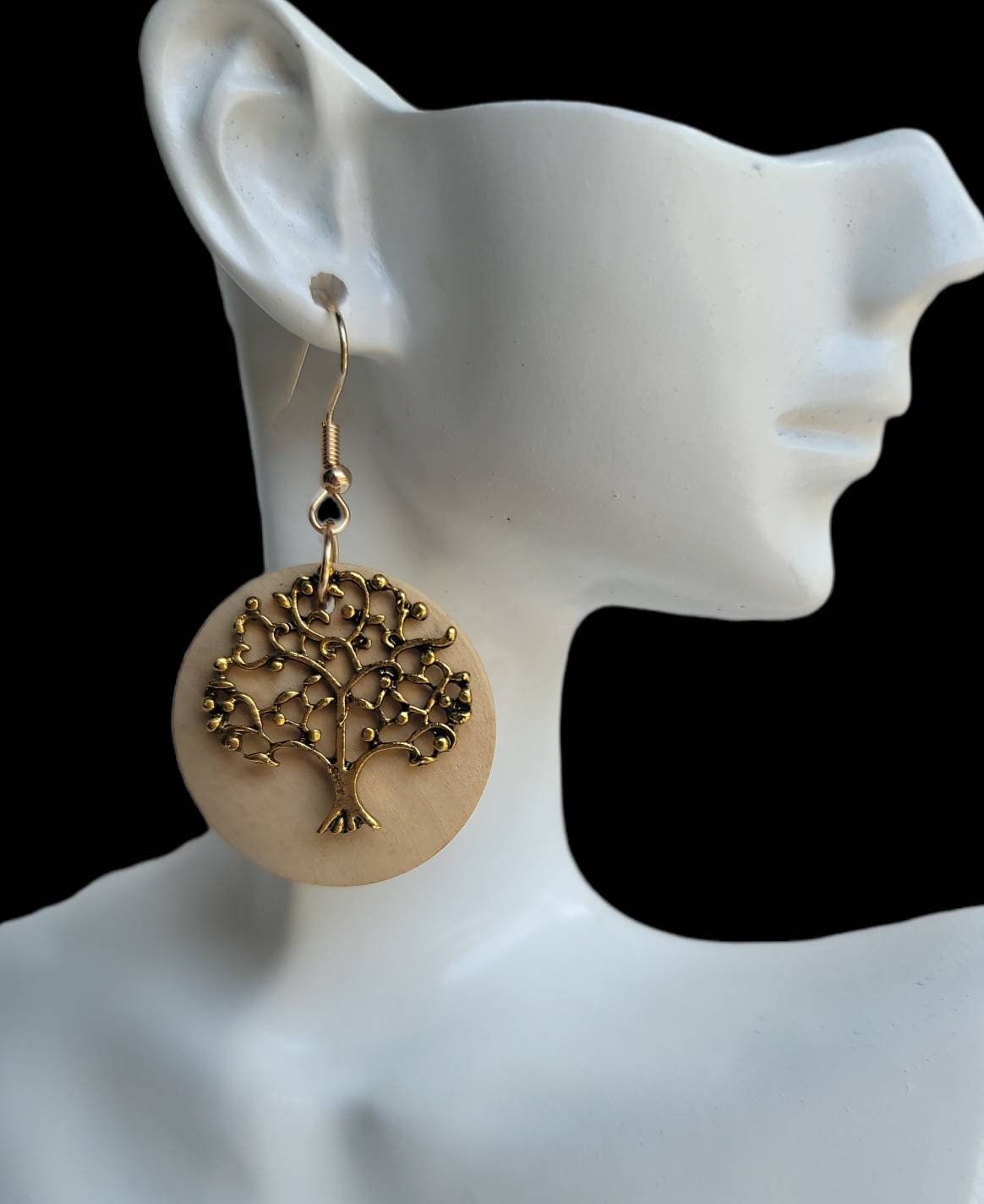Tree of life wood earrings gold dangle hook wooden earrings
