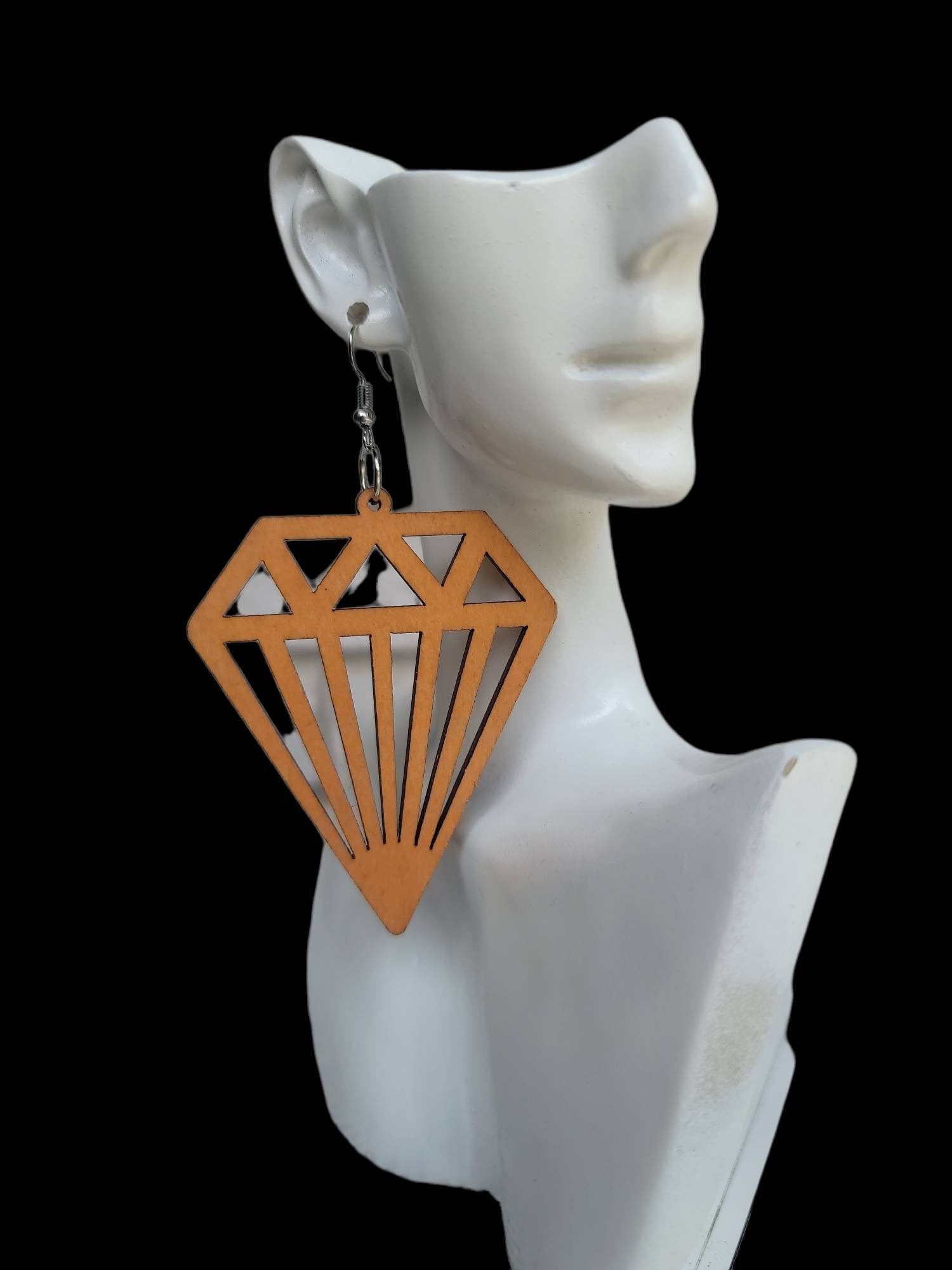 Wood diamond shape earrings dangle hook wooden carved earrings
