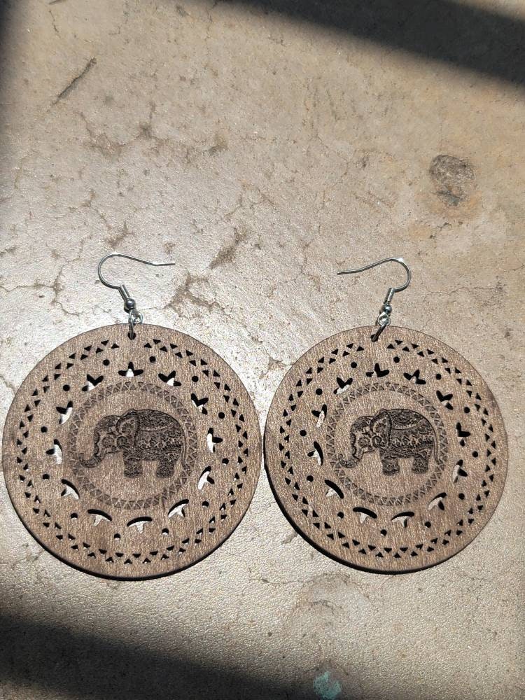 Wood elephant  earrings dangle hook wooden carved earrings