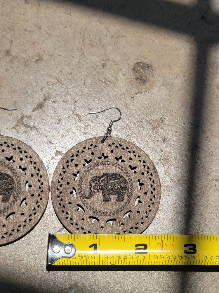 Wood elephant  earrings dangle hook wooden carved earrings