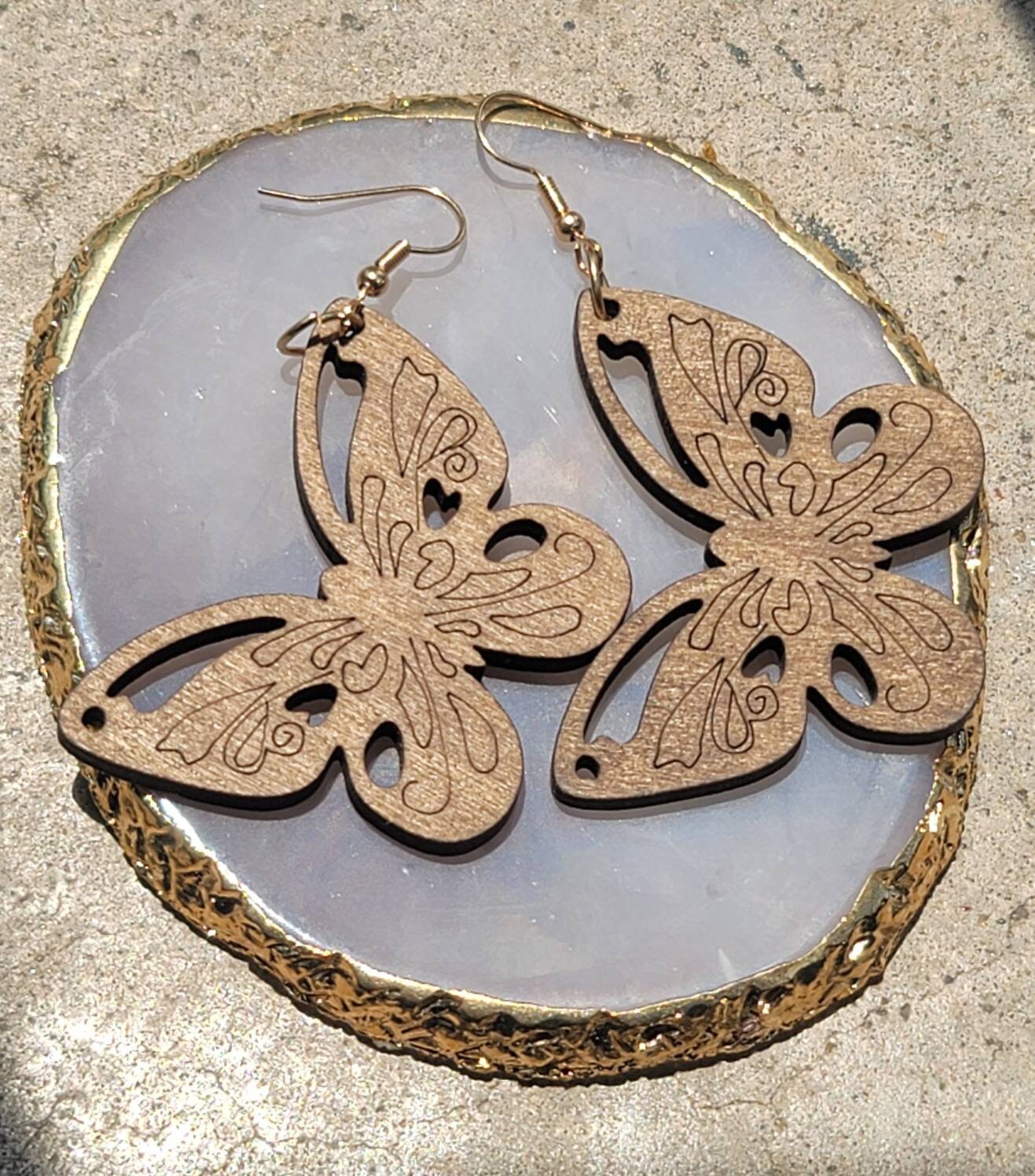 Wood butterfly earrings dangle hook wooden carved earrings