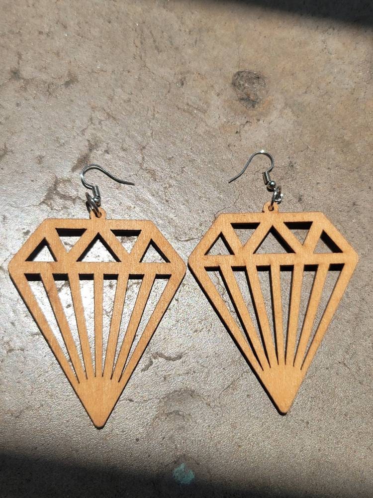 Wood diamond shape earrings dangle hook wooden carved earrings