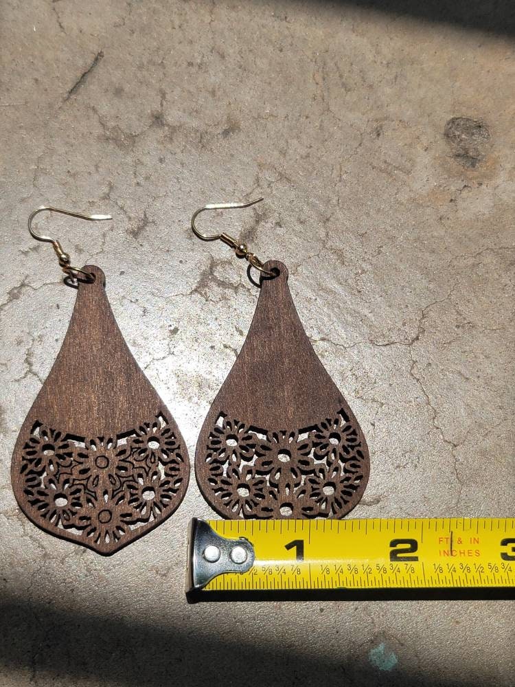 Wood earrings dangle hook wooden carved earrings