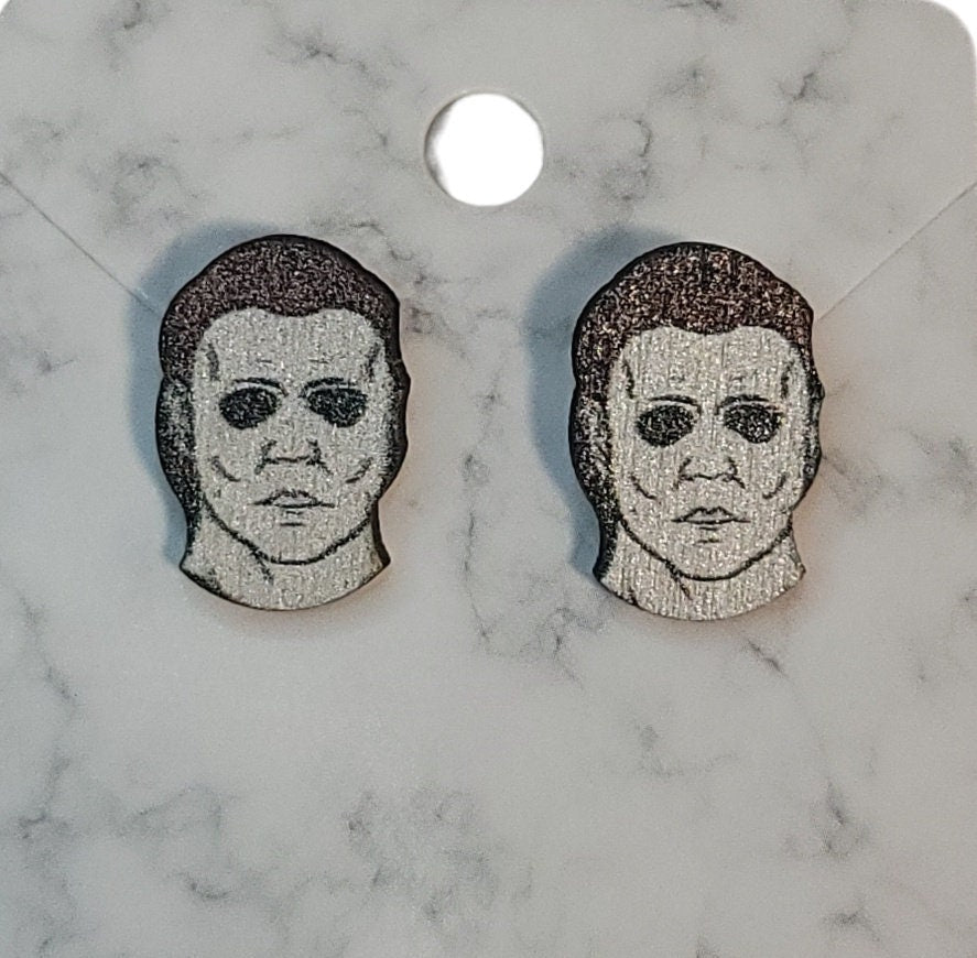 Halloween Michael Myers wood post stud earrings steel pin