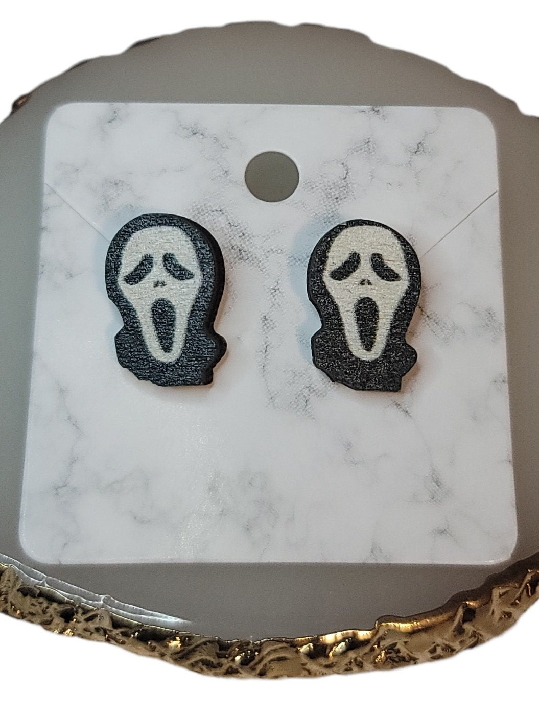 Scream ghost face wood post stud earrings steel pin