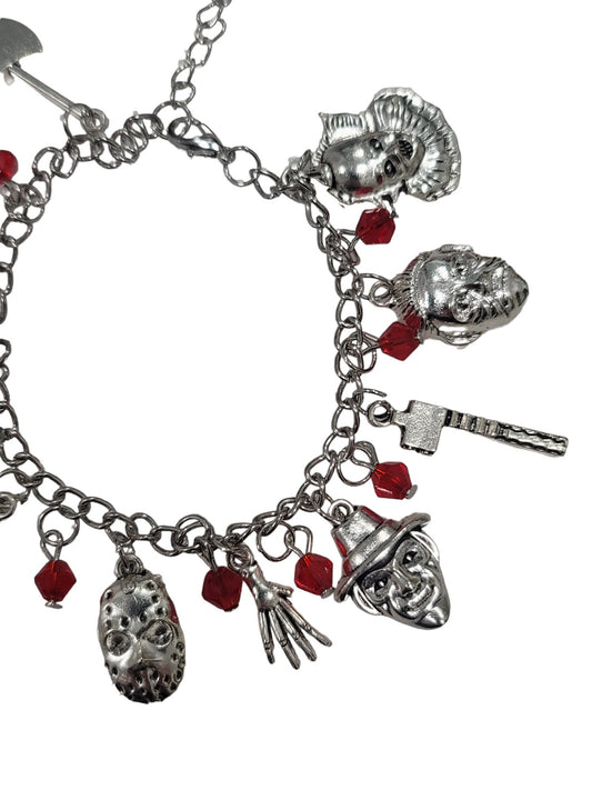 Horror charm bracelet Freddy Michael Jason Chucky and more red beads silver charm bracelet