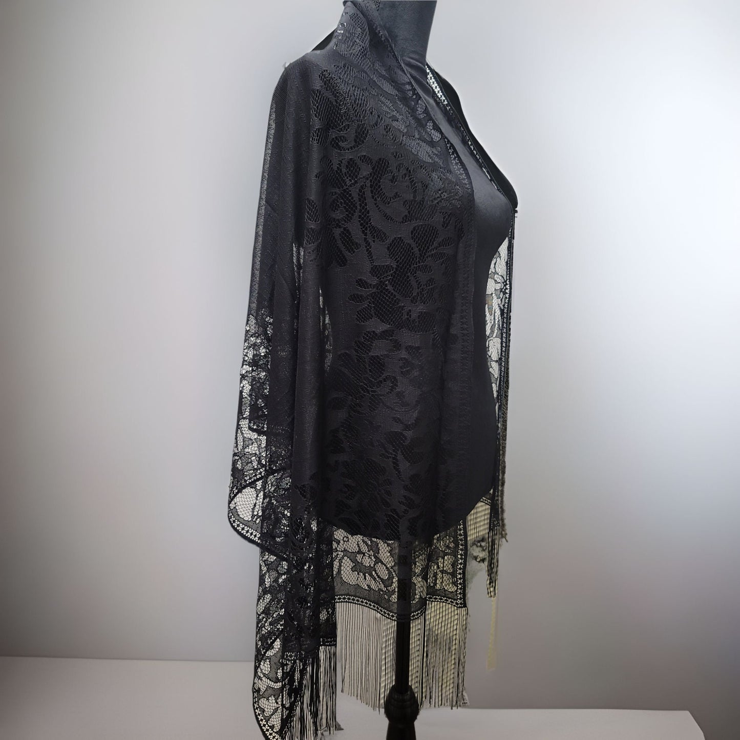 Black floral fringe scarf wrap