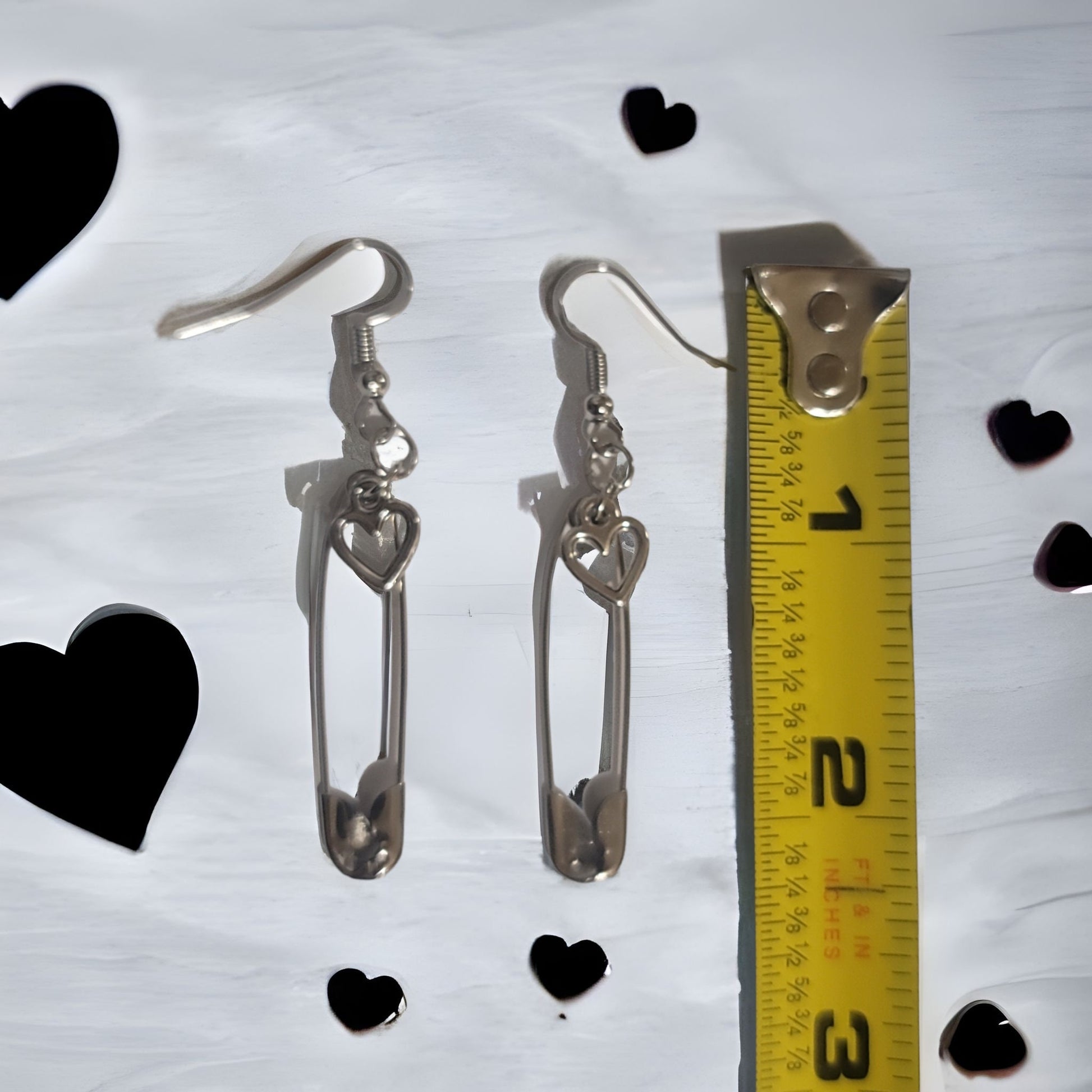 Silver safety pin heart  dangle hook earrings