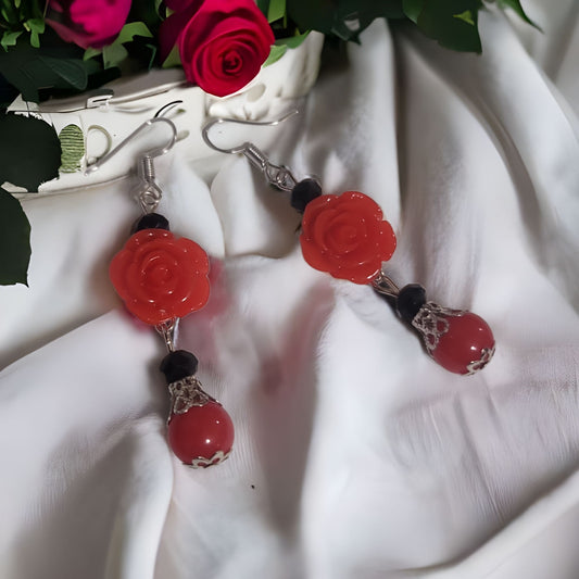 Red Rose Flower Bead Earrings Dangle Hook Earrings