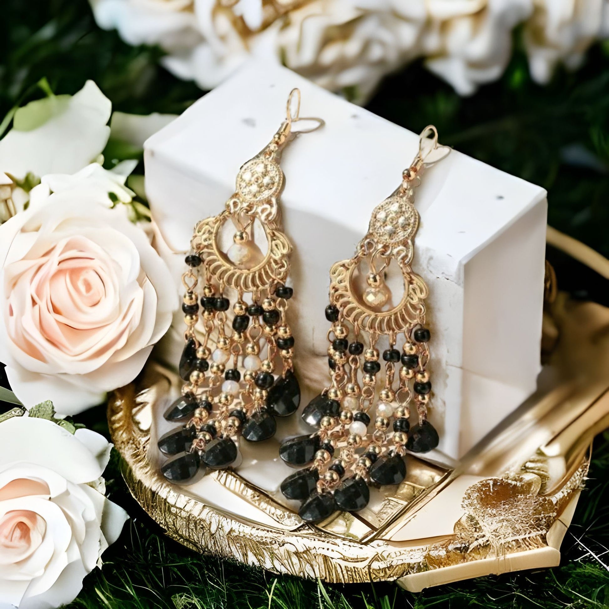 Gold black bead earrings dangle drop chandelier
