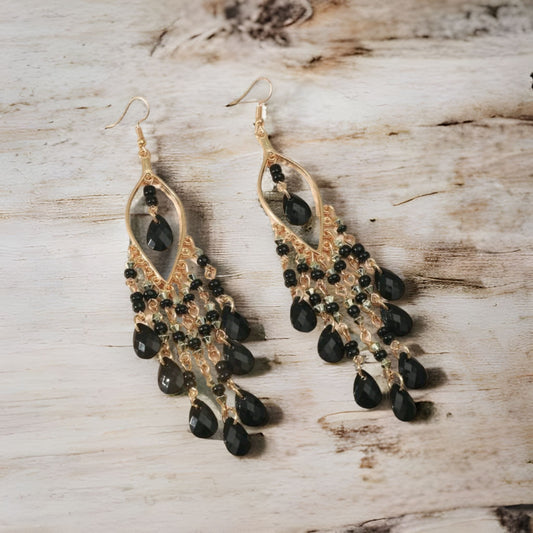 Gold black bead earrings dangle drop chandelier